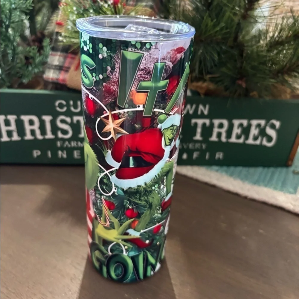 Grinch Christmas Tumbler Travel Cup with Lid & Reusable Straw